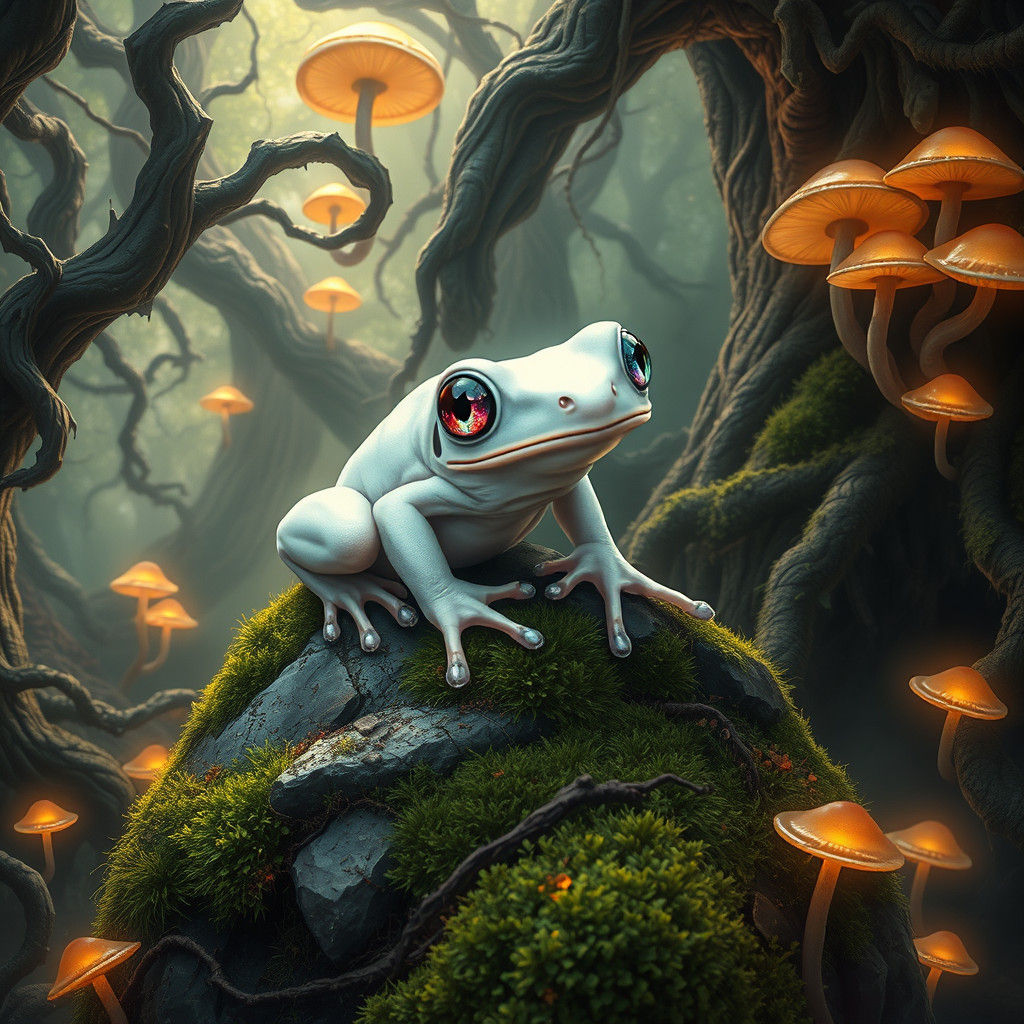 Ornate White Frog in Mystical Forest Dreamworld