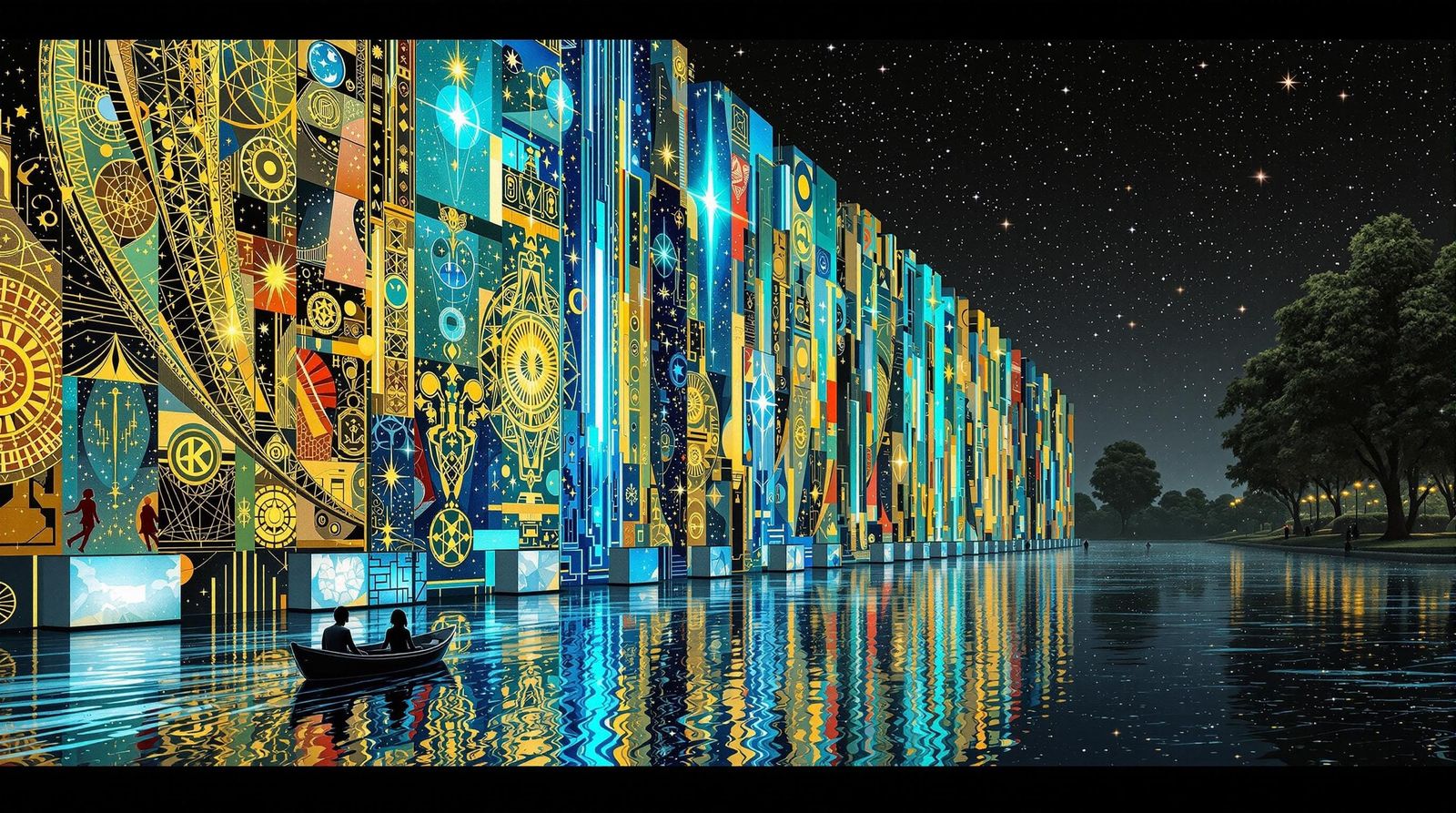 Klimt-Inspired Sci-Fi Waterway with Luminous Panels