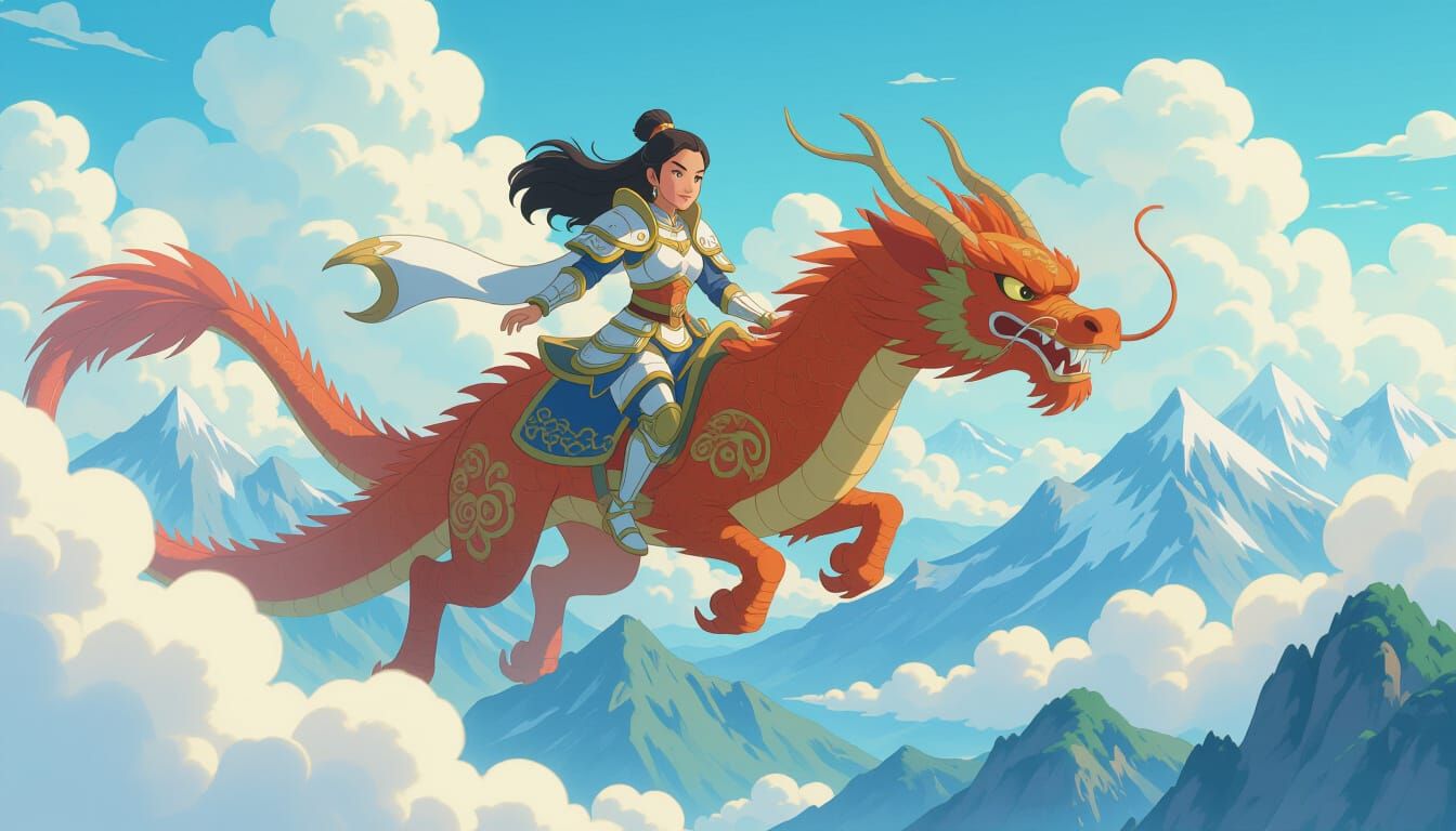 Dragon Rider Soaring Over Mountains in Anime Style