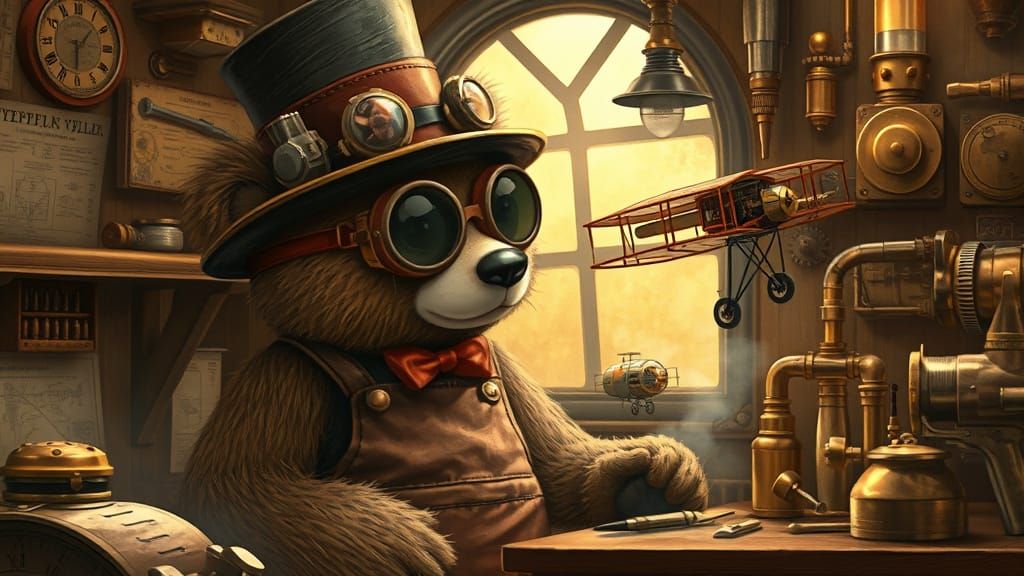 Steampunk Teddy Bear Tinkering in Workshop