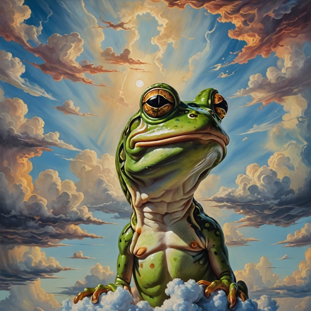 frog standing in the sky looking smug