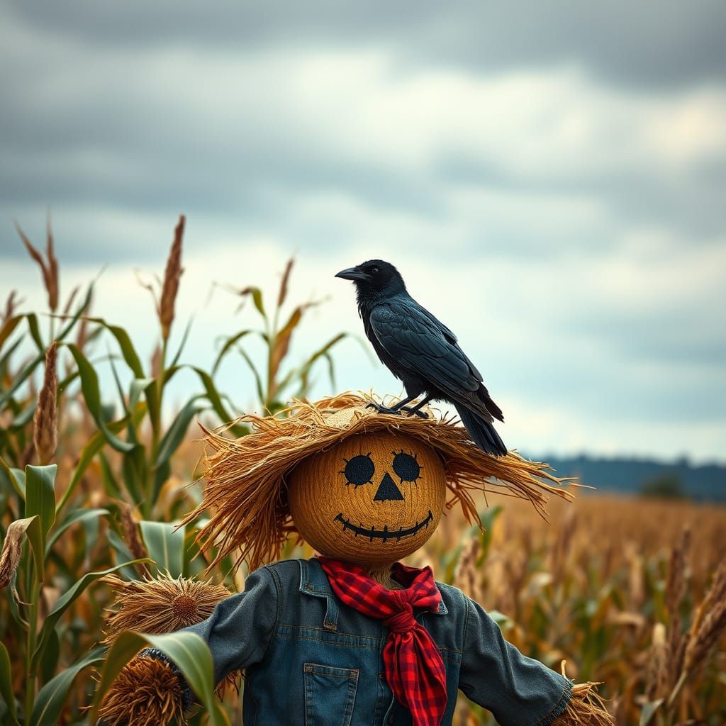 Crow Perched on a Scarecrow in a Corn Field