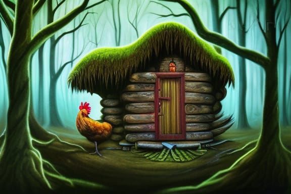 Baba Yaga's Hut in Ominous Forest: Digital Art