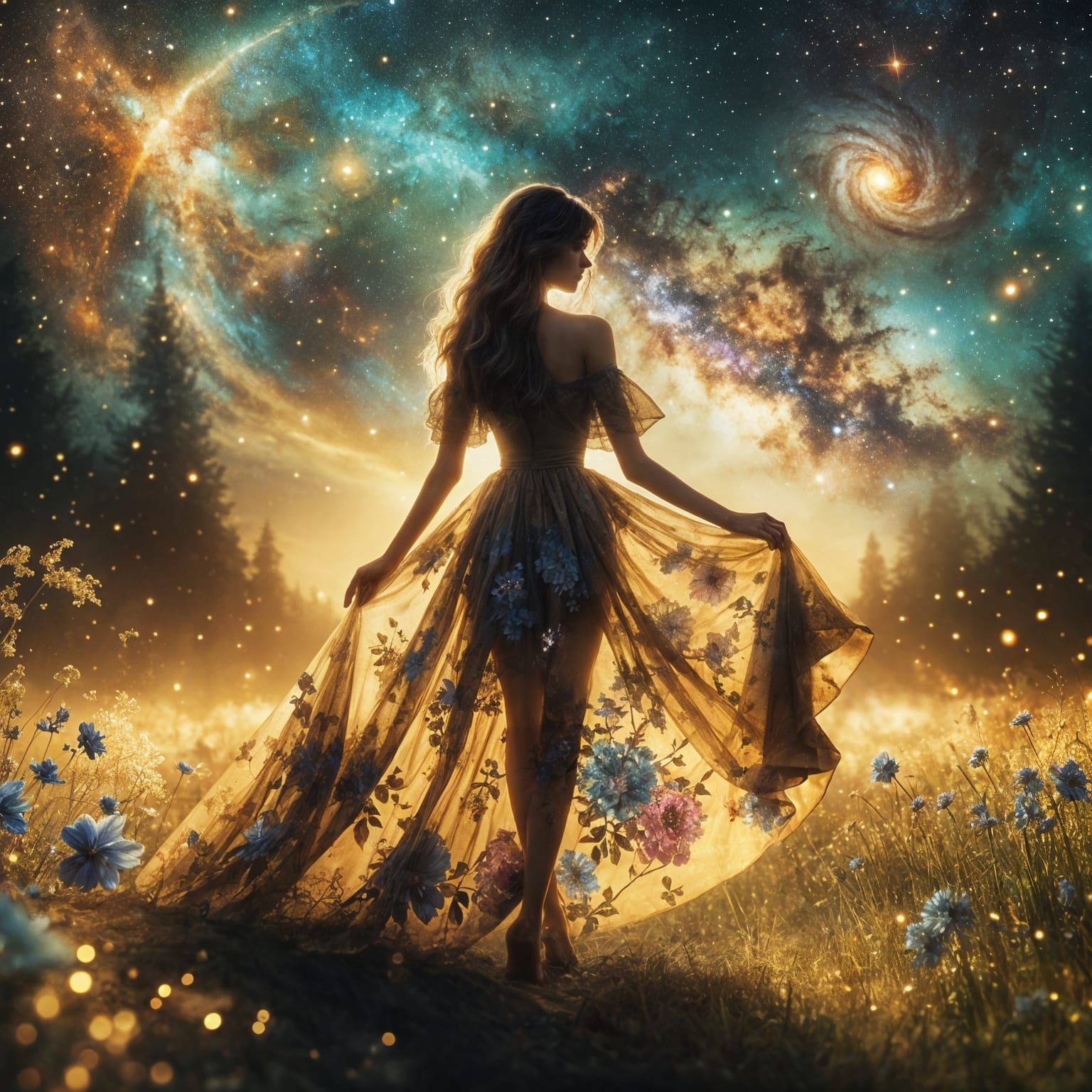 Woman in Floral Dress Amidst Cosmic Wonders