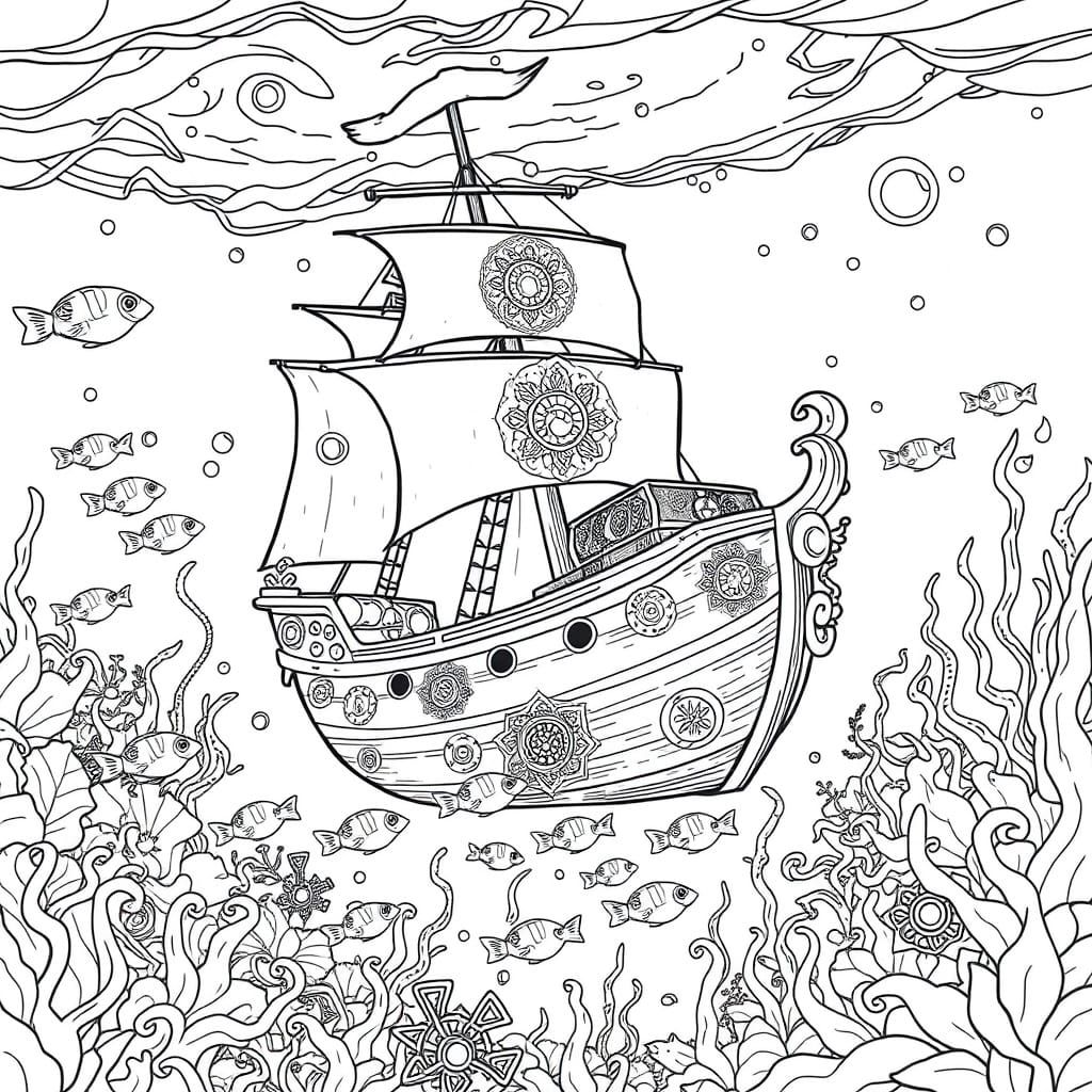 Surreal Underwater World in Black and White Line Drawing