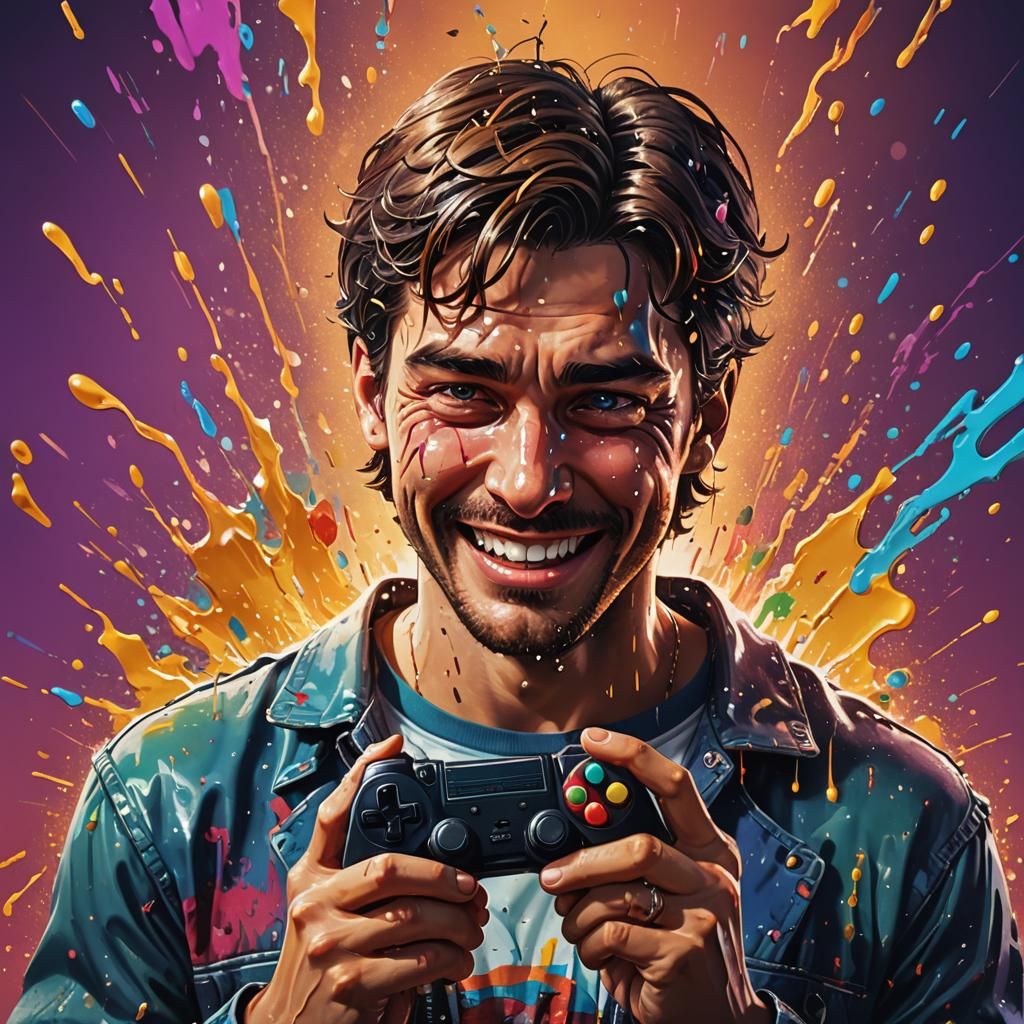 Emotional Man Holding Retro Video Game Splash Art