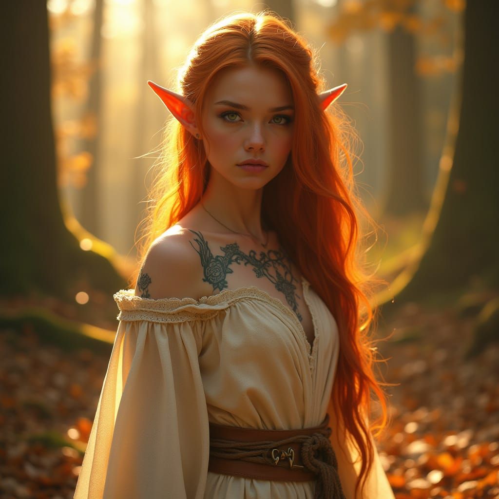 Enchanted Elf Woman in Autumn Forest, Hyperrealistic Portrai...