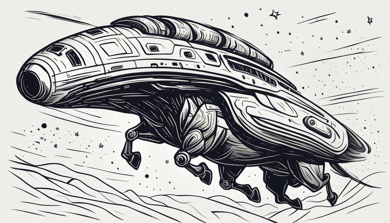 Spaceship Over Horse: Minimalist Line Art Illustration