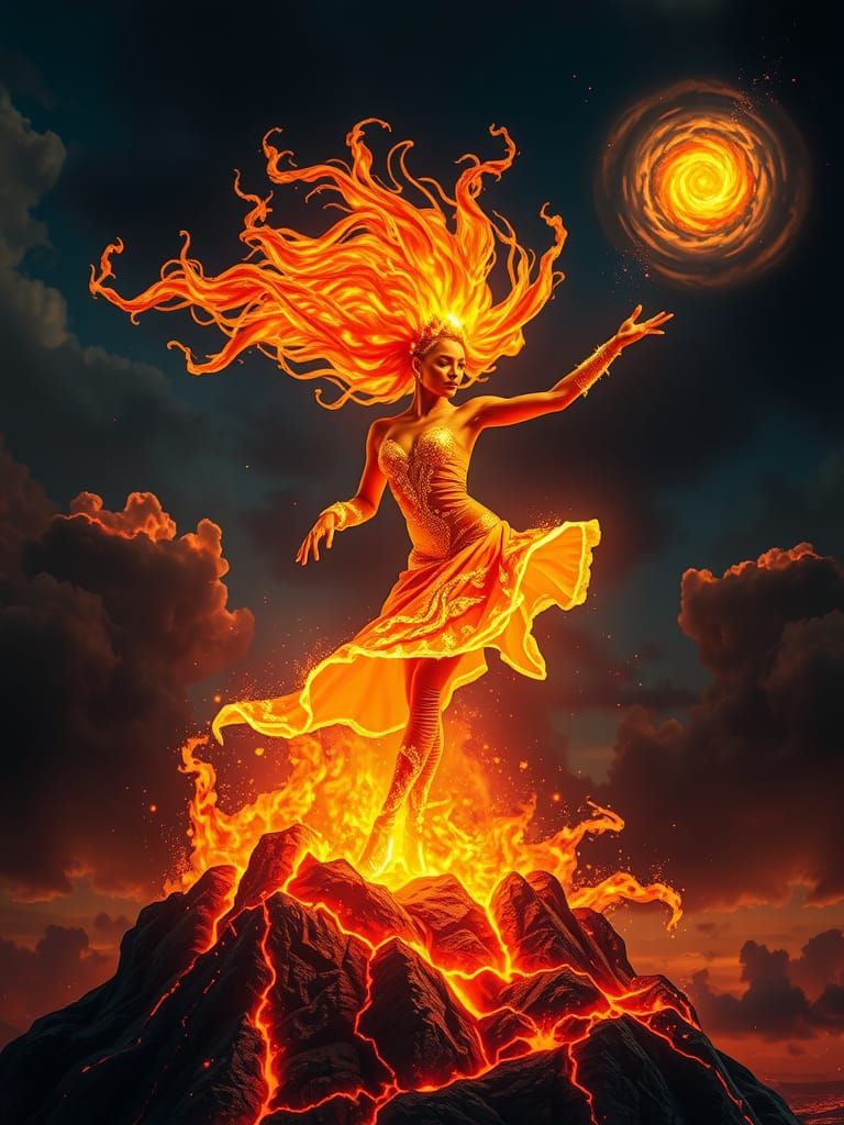 Fire Dancer Erupts from Volcano in Futuristic Style