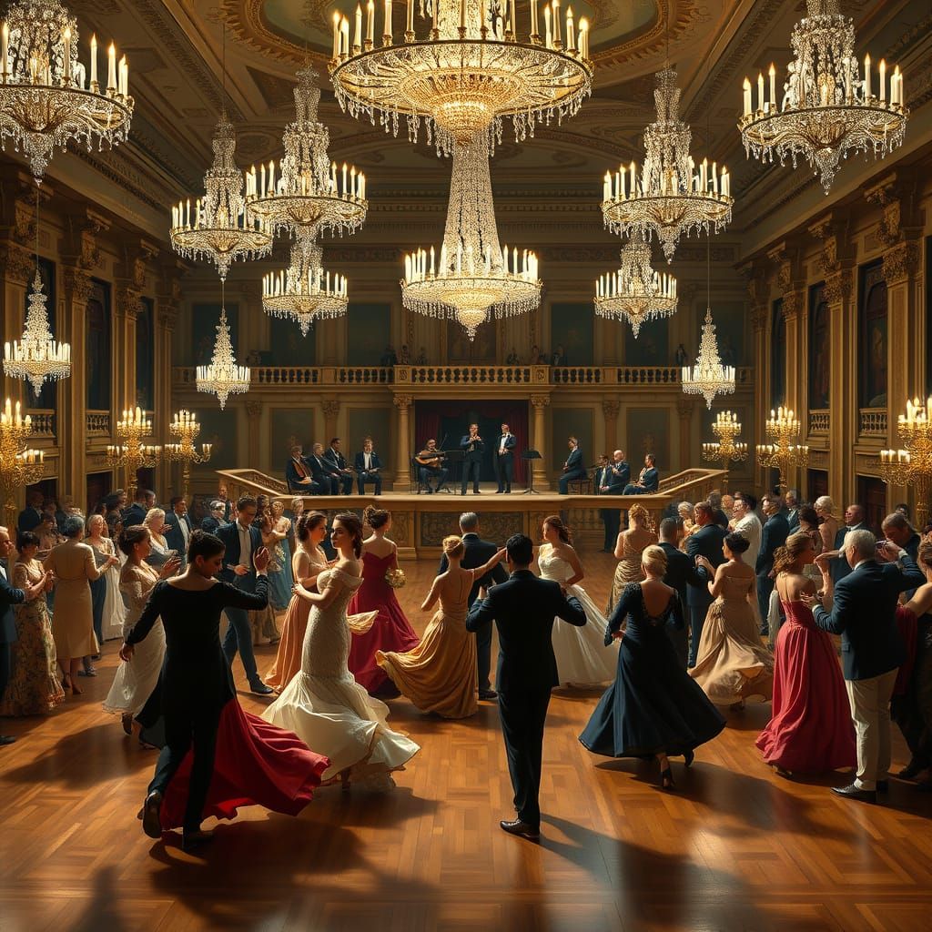 Elegant Dancers Waltz in Grand Ballroom