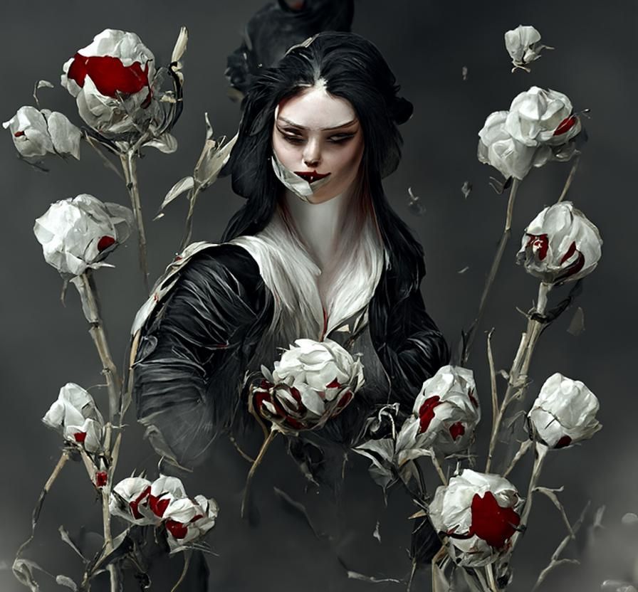 Pale Woman with Bloodstained Roses: Digital Portrait