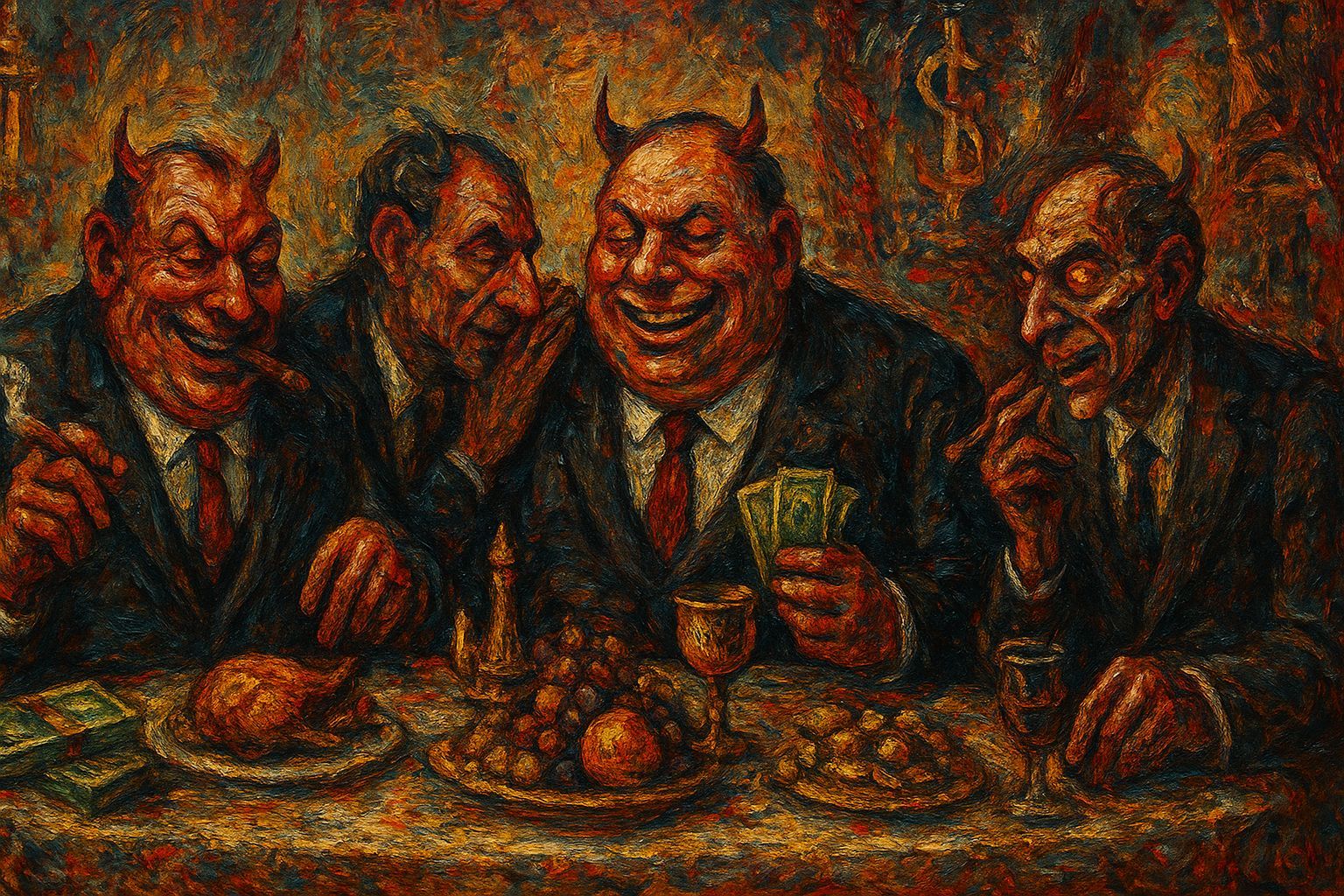 Grotesque Caricature of Corrupt Businessmen as Oil Painting