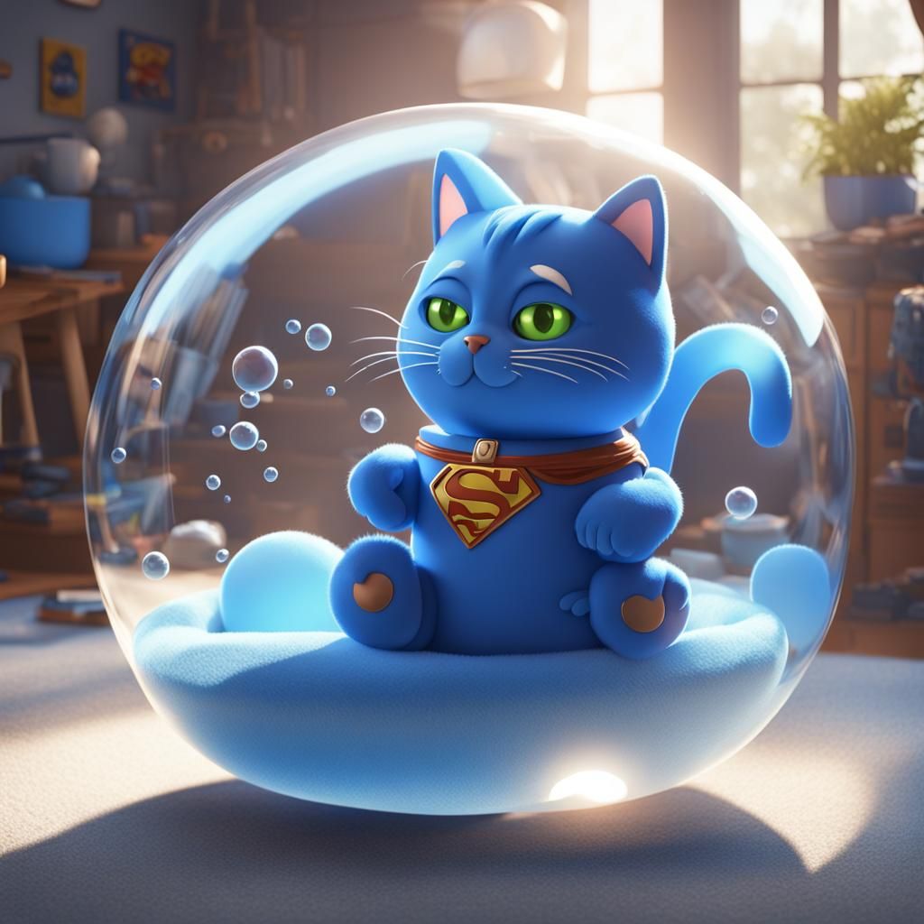 Blue Cat Superhero Floating in Bubble Bed