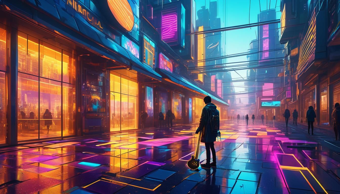 Futuristic Musician in Neon City: Digital Art