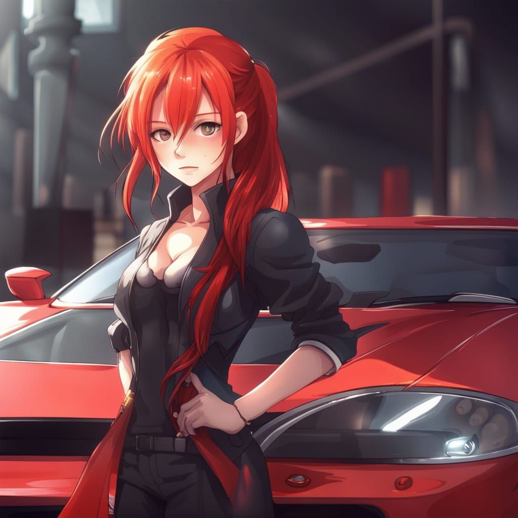 Red-Haired Girl with Supercar in Anime Style