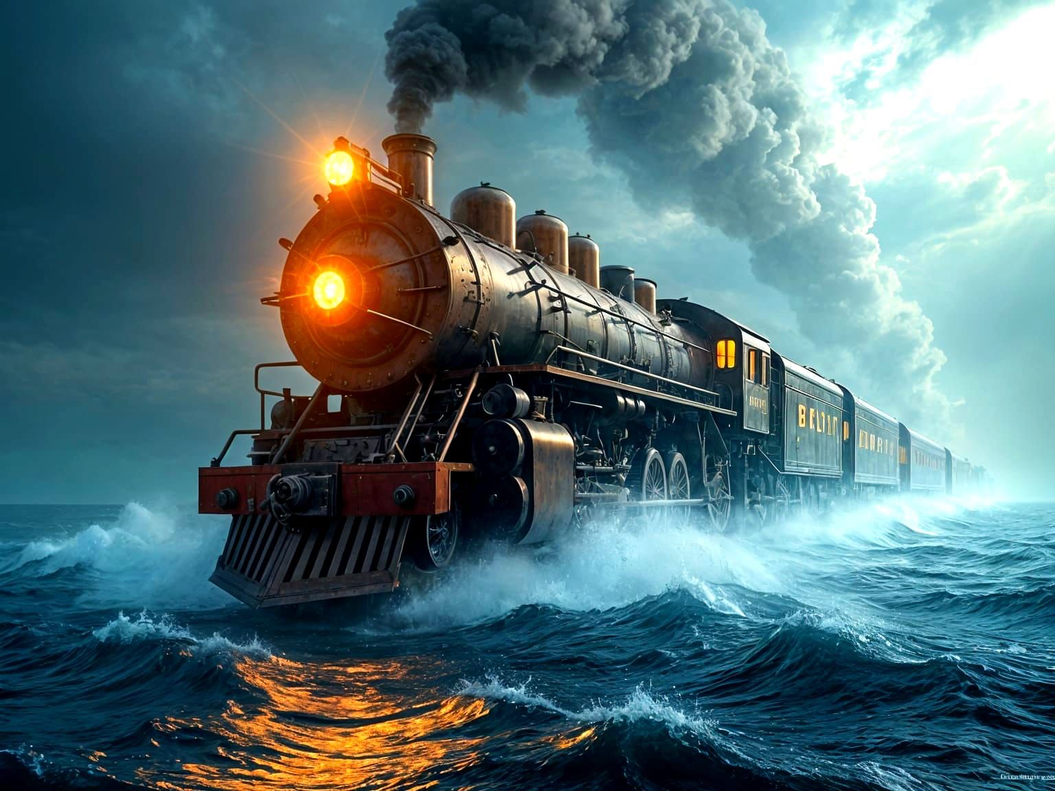 Majestic Copper-Hulled Steam Locomotive Emerges from Thunder...