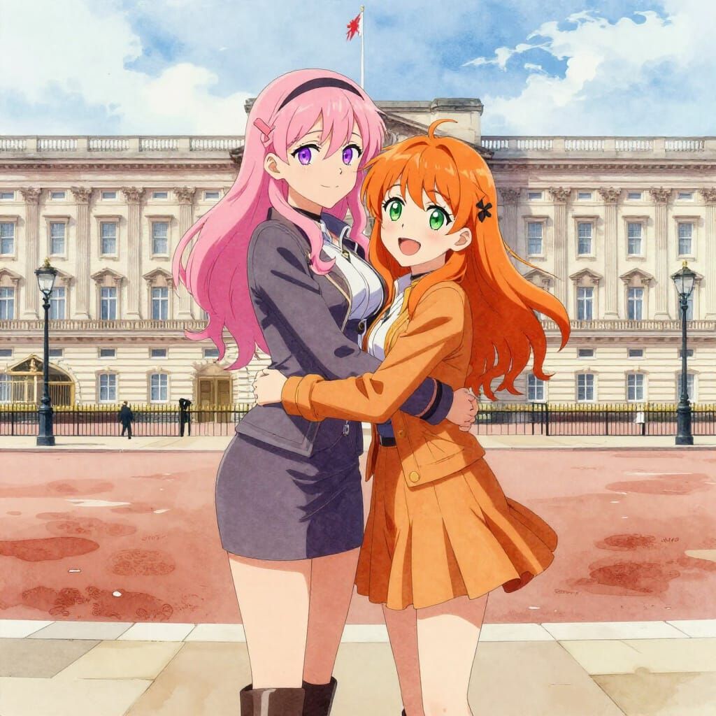 Anime Style Women Hugging at Buckingham Palace