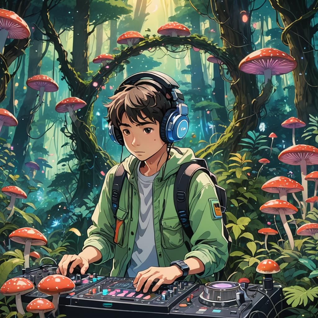 DJ in Ghibli Forest: Watercolor Fantasy Art