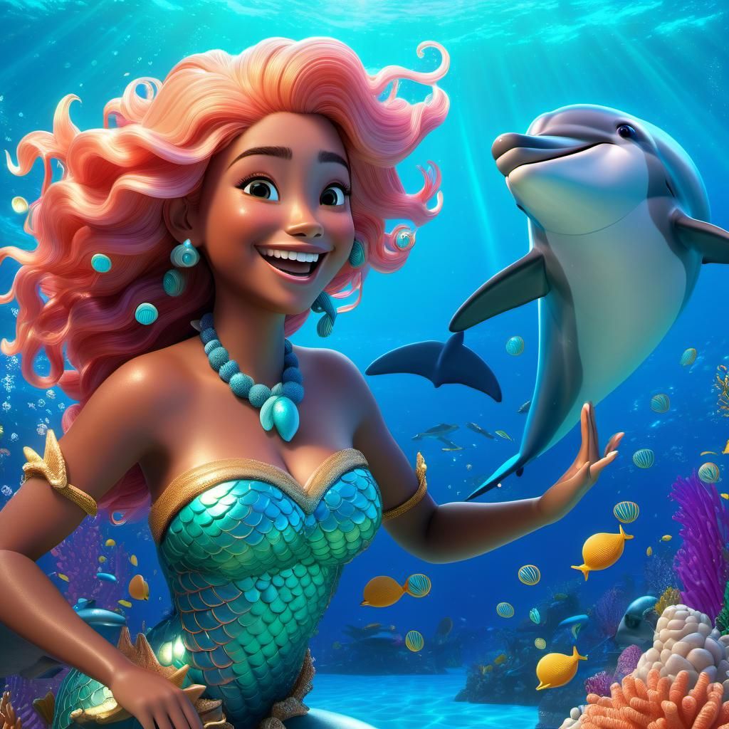 Coral-haired Mermaid's Underwater Dance: 3D Digital Art