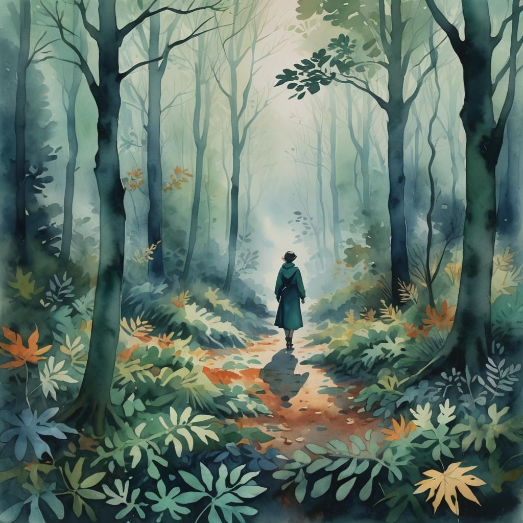Misty Forest Figure in Matisse-Inspired Watercolor