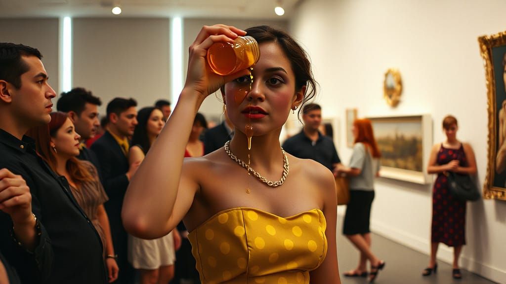 Surreal Honey Pouring at Art Exhibition in Cinematic Style