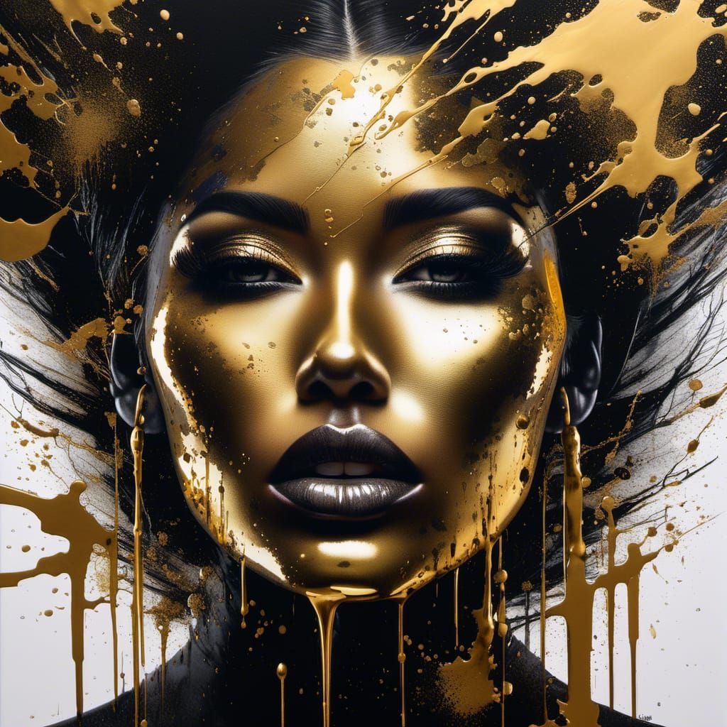 Woman's Face with Gold Sprays as Ink Painting