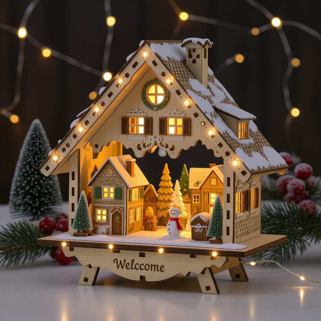 Traditional Schwibbogen Winter Village with LED Pine Wood Li...