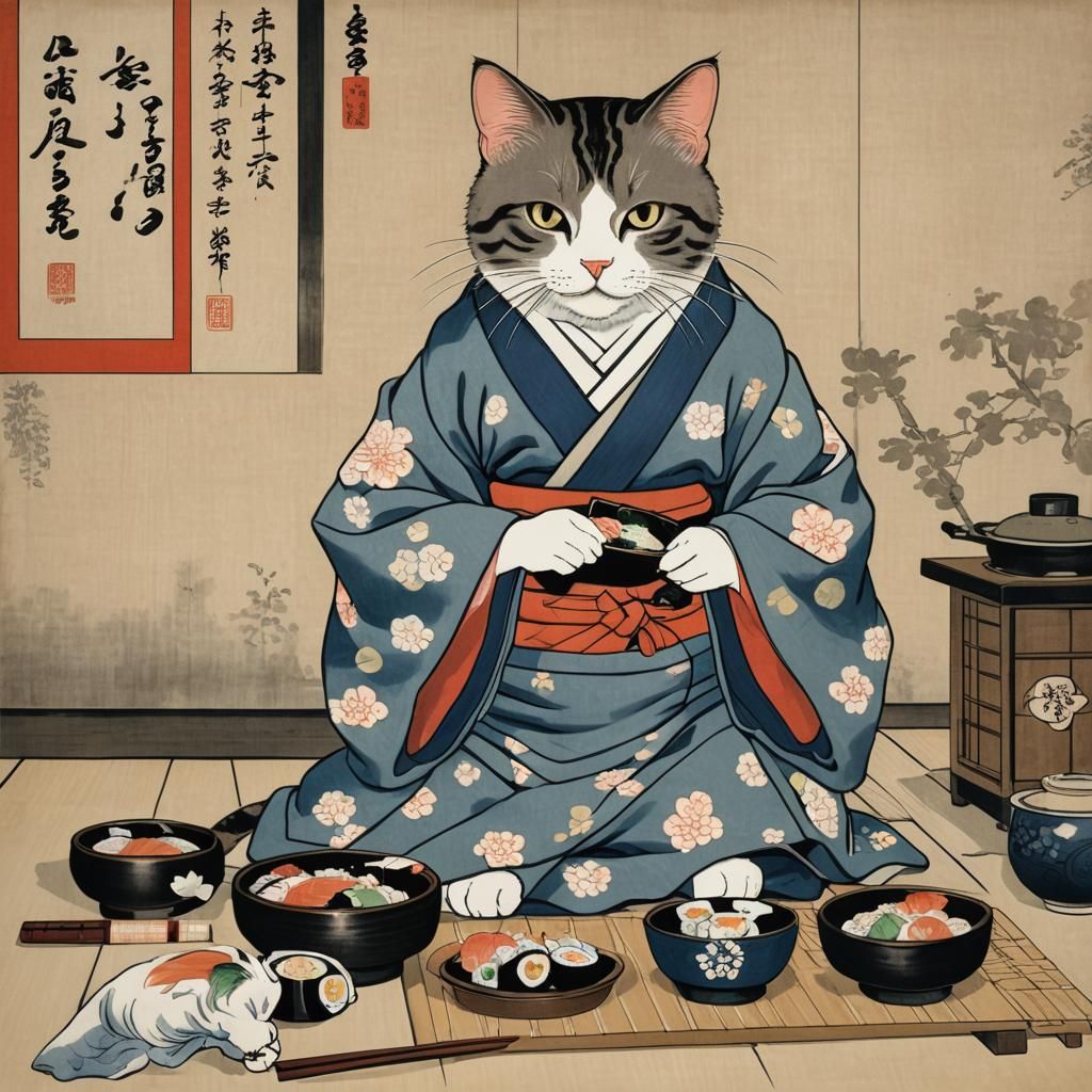 Ukiyo-e Cat in Kimono Preparing Sushi