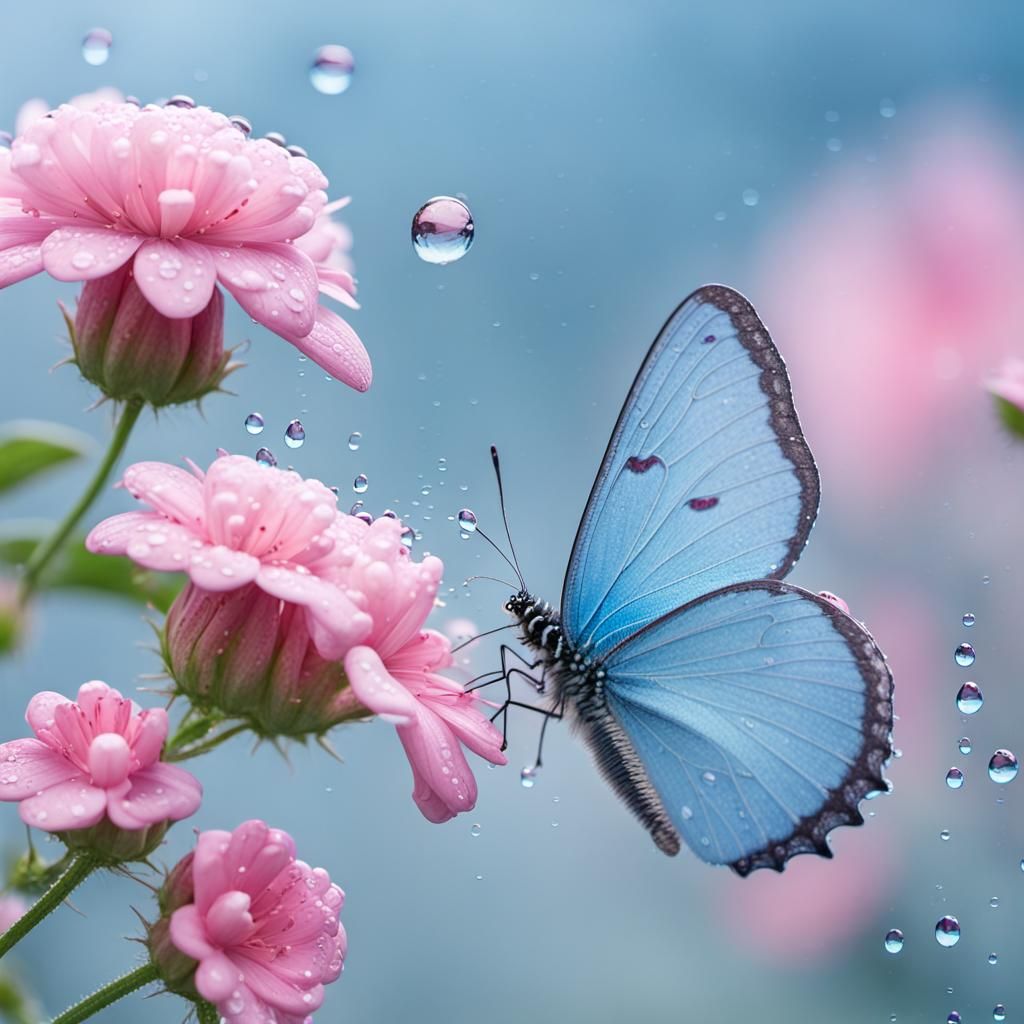 Blue Butterfly Pollinating Pink Flower with Raindrops