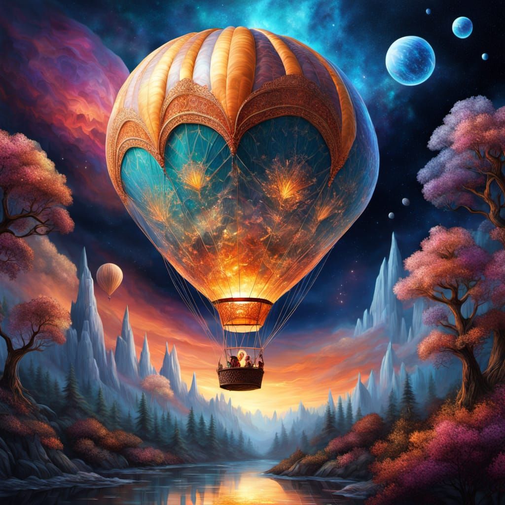 Fantasy Hot Air Balloon Soaring Over Forest