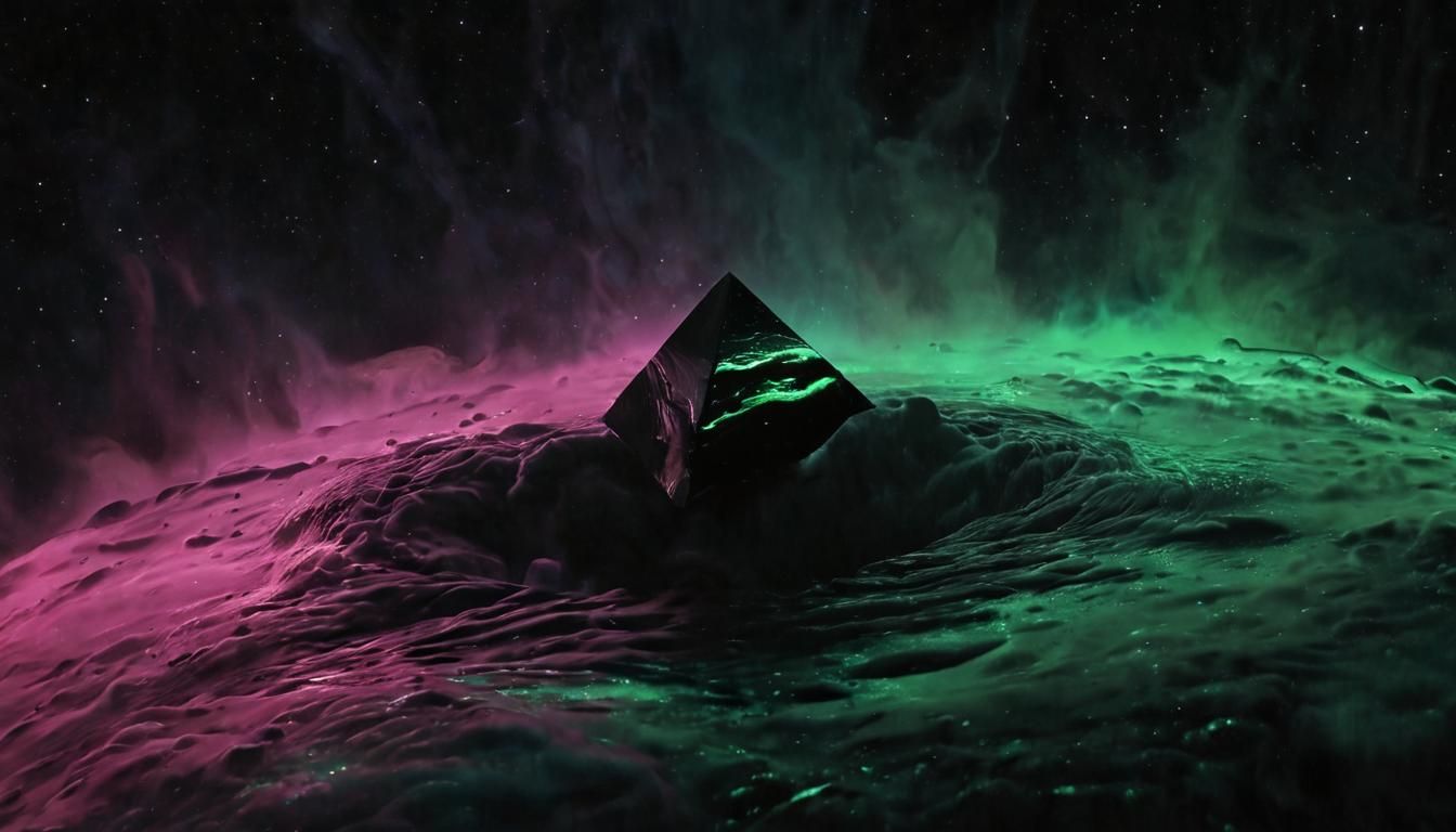 Colorful Borg Cube Lake with Rainbows