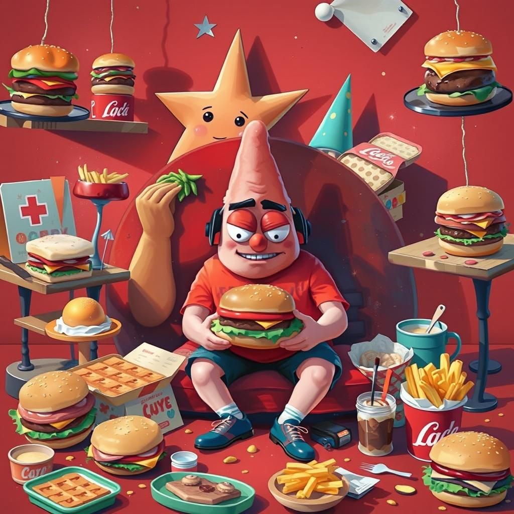 Patrick Star Eating Burgers in 90s Cartoon Style