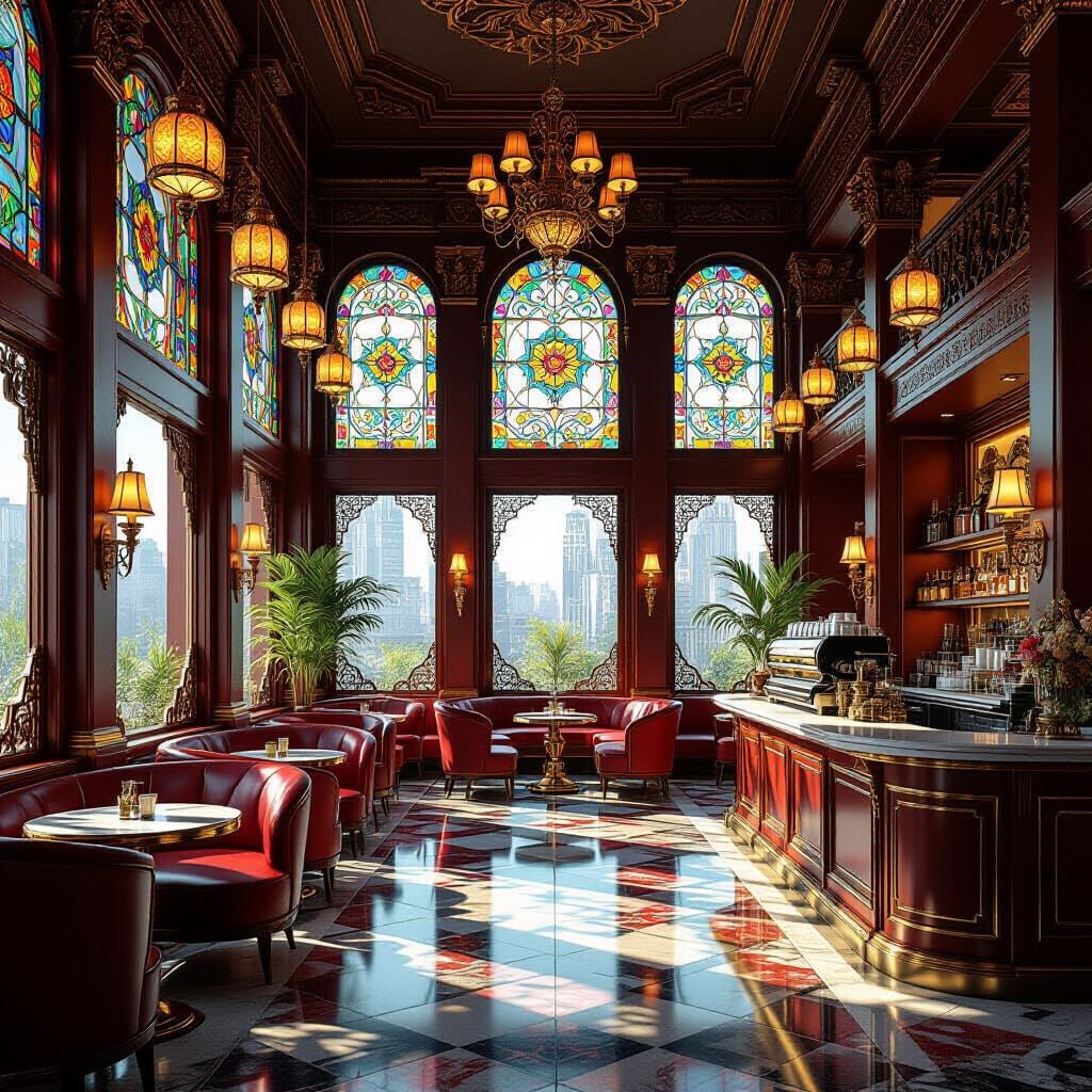 Glamorous Chinese Cafe Interior With Ornate Decor