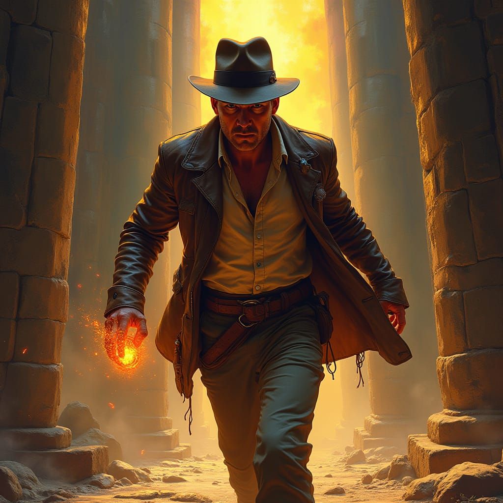 Indiana Jones Escapes Temple in Pulp Cyberpunk Style