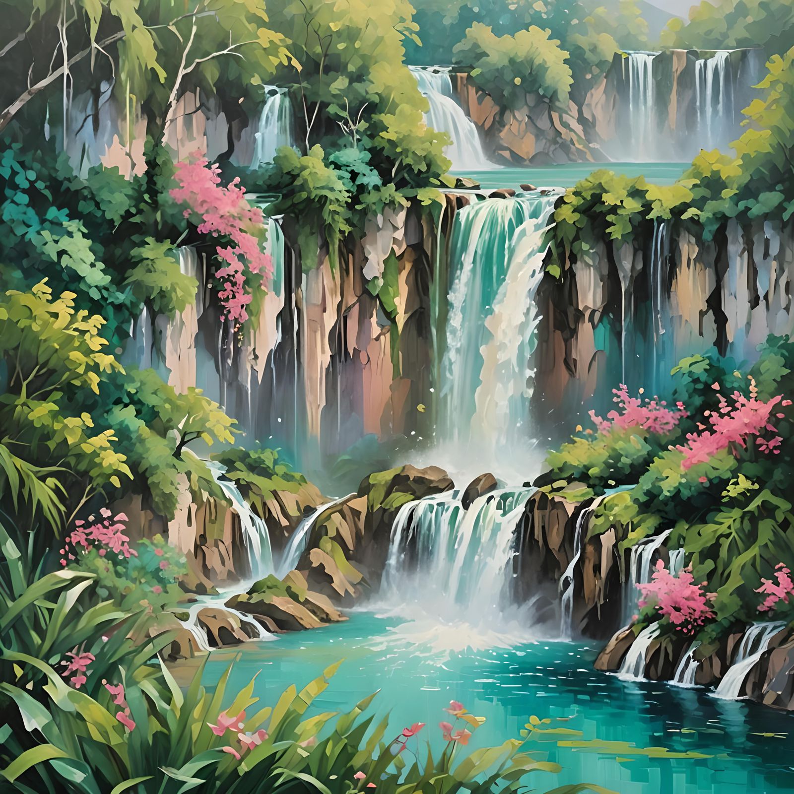 Majestic Plitvice Waterfalls in Oil Painting Style