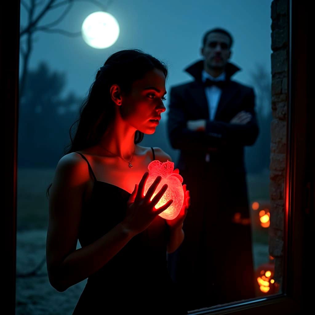 Elegant Woman Clutching Glowing Heart on Full Moon Night