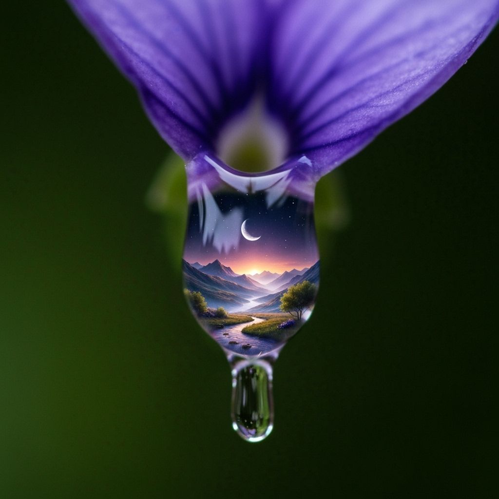 Macro Photo of Raindrop on Violet with Fantasy Moonscape