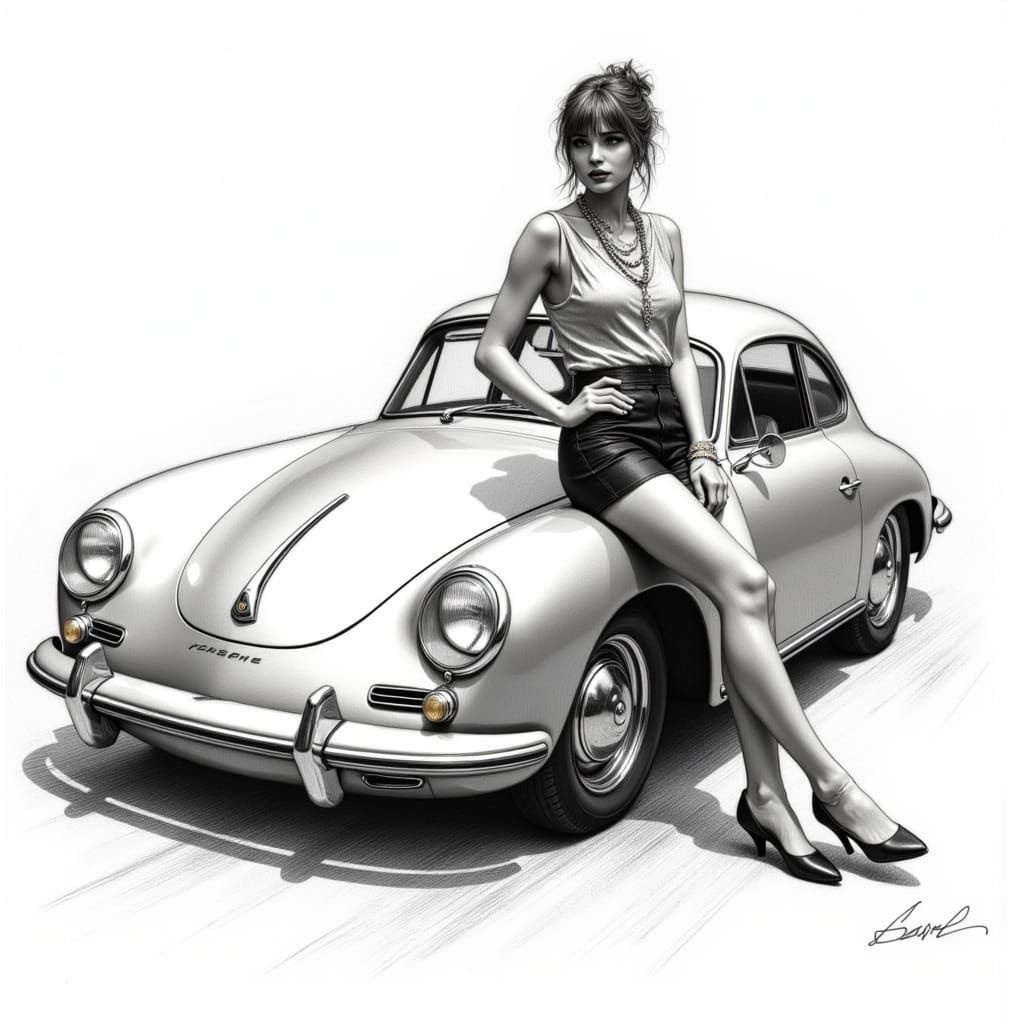 1960s Racer Girl with Silver Porsche 356