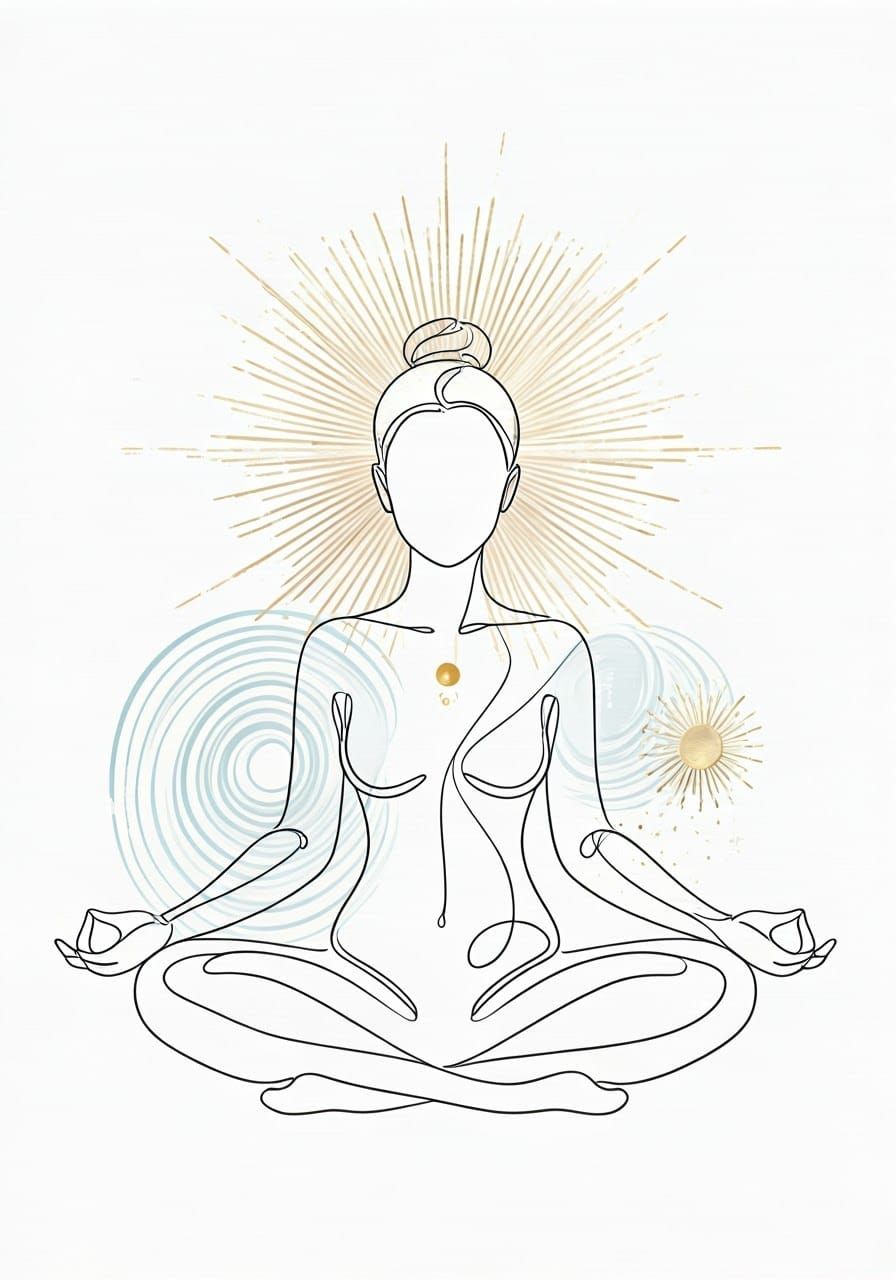 Serene Woman in Radiant Line Art Meditation Scene