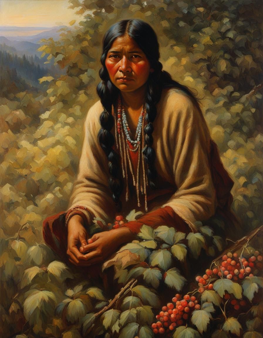 Native American Women Gathering Berries, Oil Painting