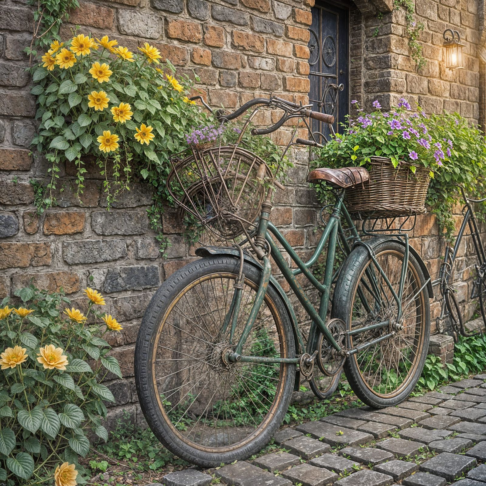 Close-up framing of an antique bicycle leaning against a cen...