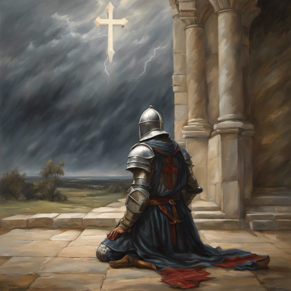 Crusader Knight Prayers in Storm, Oil Painting