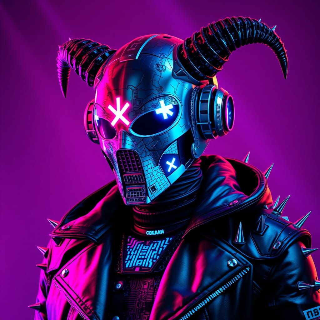Cyberpunk Warrior with Neon Mask and Spiked Headphones