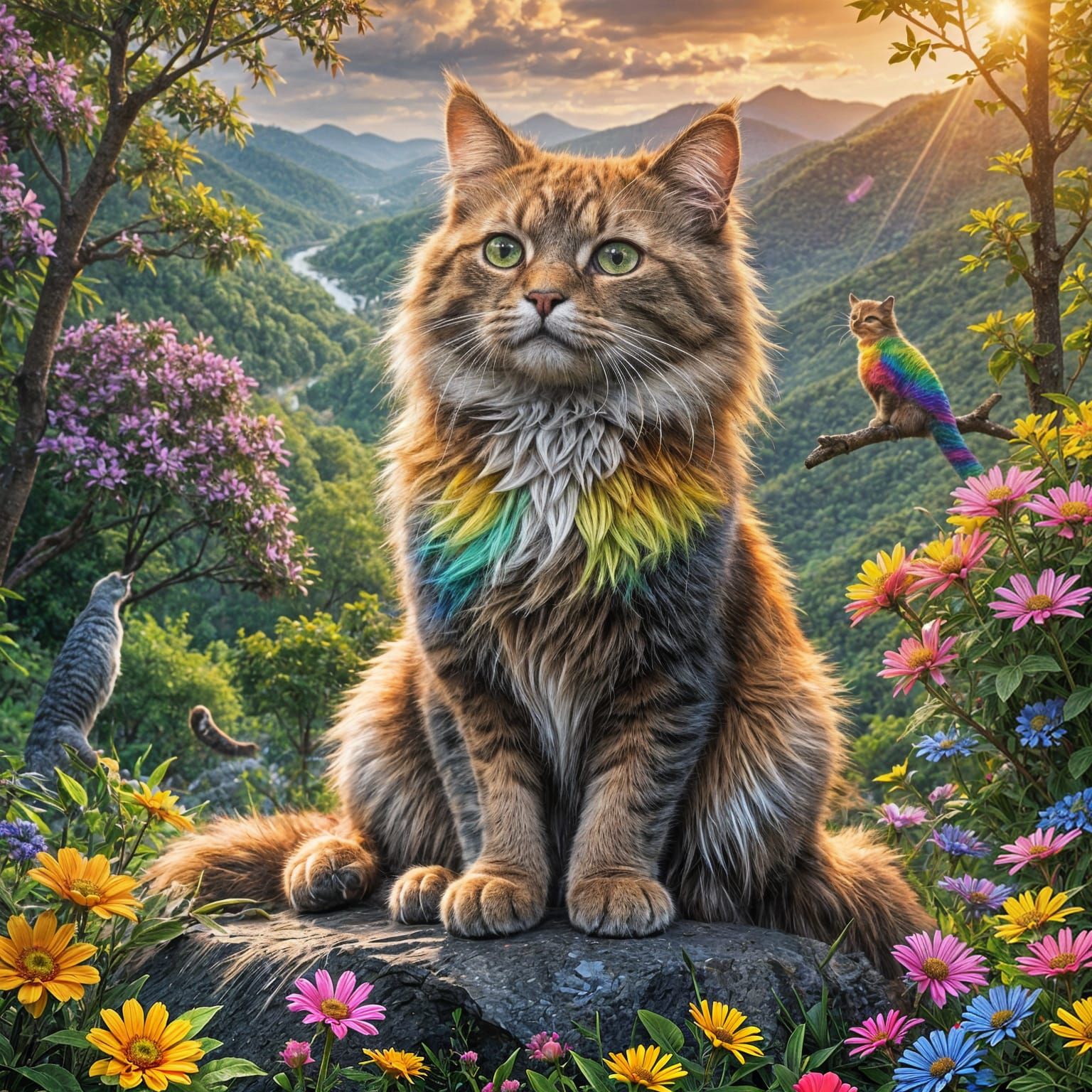 Rainbow Cat in Smoky Mountains: 3D Digital Art