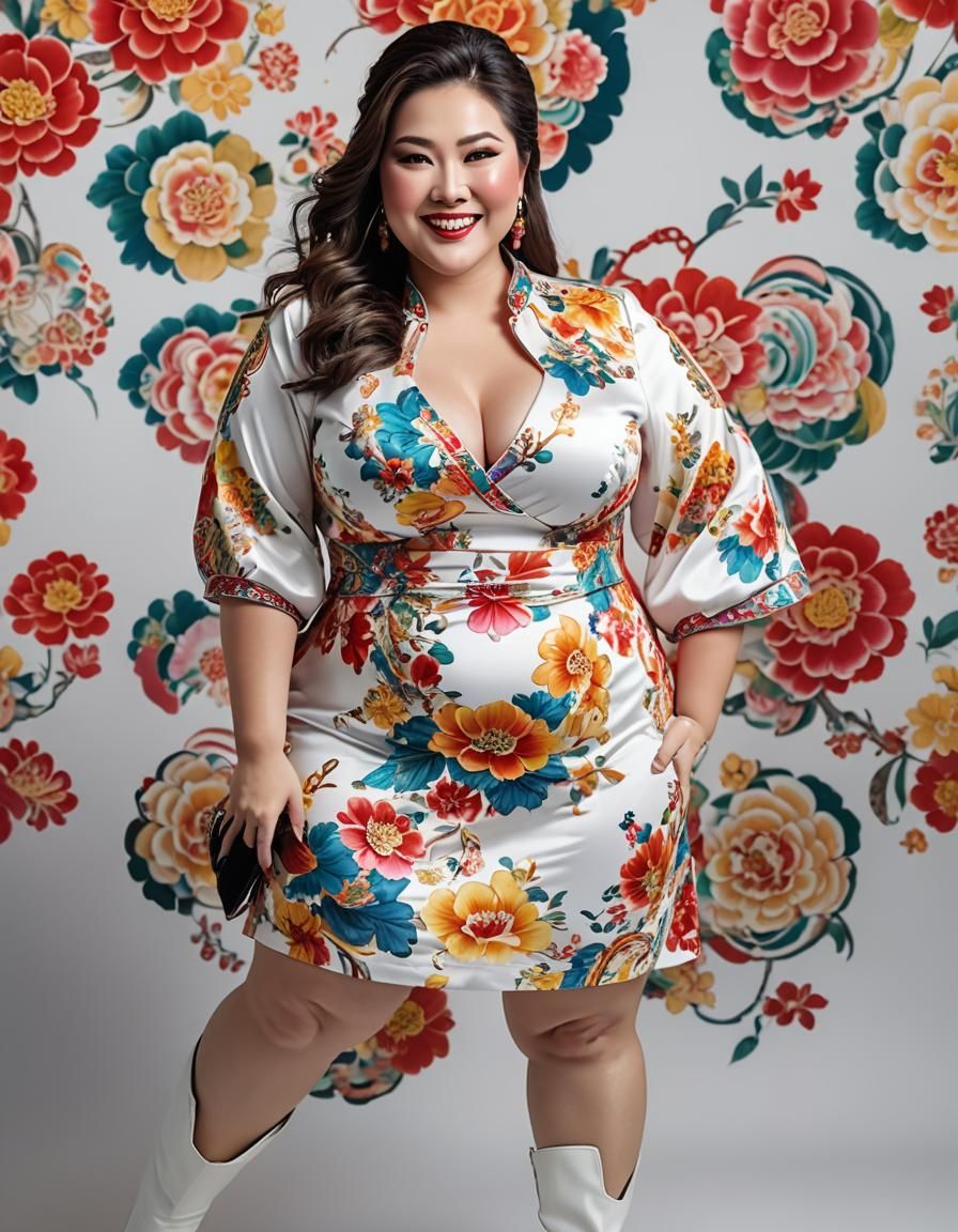 Charming Woman in Vibrant Chinese Minidress, Pop Art Style