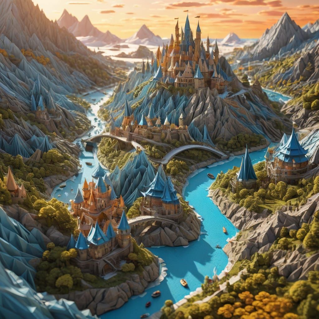 Origami Fantasy World Map with Paper Castles