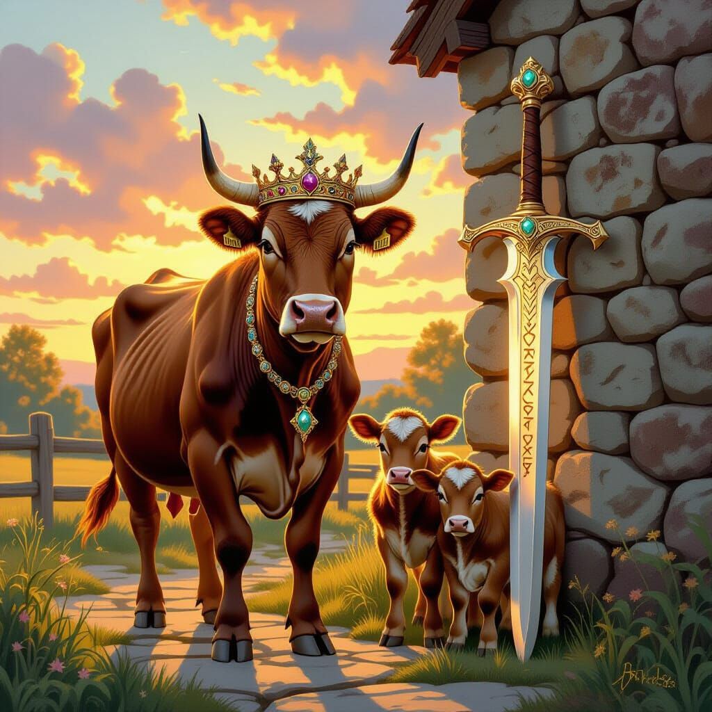 Regal Cow Queen With Calves And Magic Sword