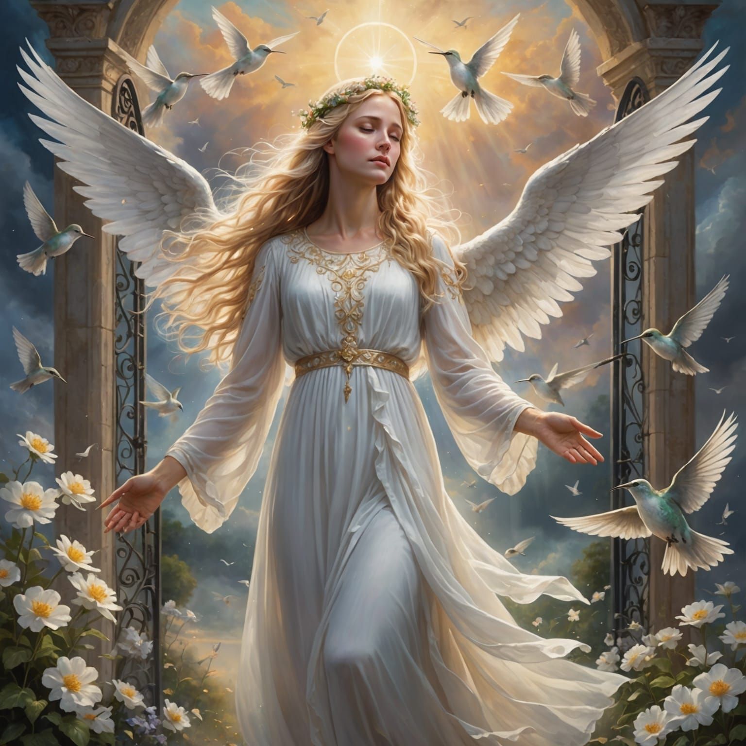 Angel with White Wings and Hummingbirds