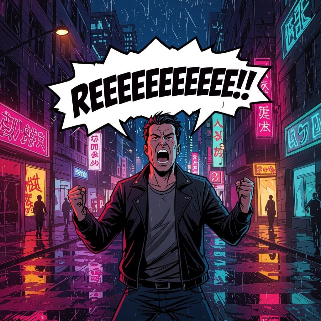 Frustrated Man Shouting in Vibrant Night Metropolis