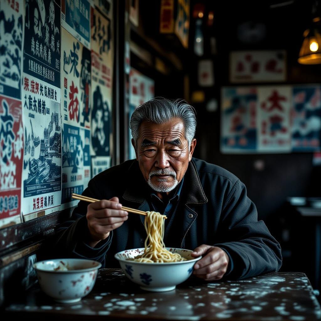 Noodle Shop Scene in Noir Film Style